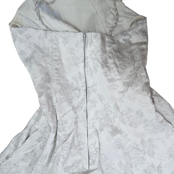 Vintage 80s Dave & Johnny Silver Floral Brocade Jacquard Midi Party Prom Dress - Picture 5 of 8